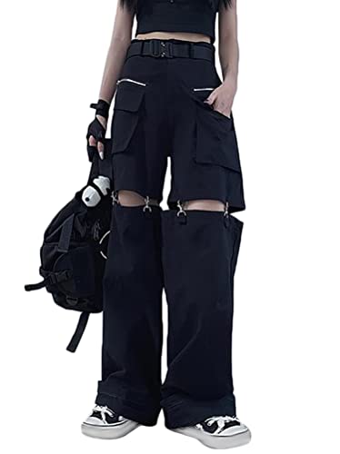 shownicer Damen Cargo Hosen mit Kette Gothic Hosen Hohe Taille Cargo Hose Mehrfachtasche Punk Hosen Frauen Baggy Hip Hop Jogger Street Hose Streetwear H Schwarz L von shownicer