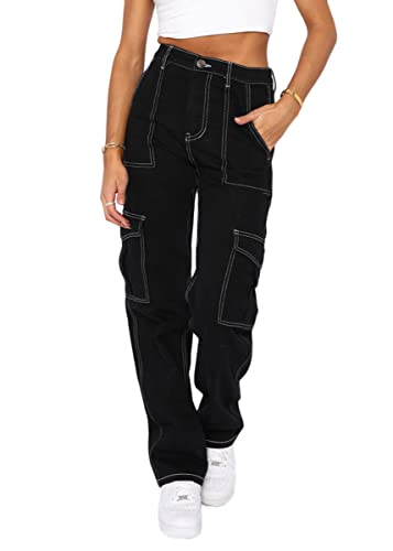 shownicer Damen Cargohose Baggy Hohe Taille Gerade Breites Bein Baggy Denim Hosen Y2k Aesthetic Vintage Lang Freizeithose Jeans 90er E-Girl Streetwear A Schwarz XS von shownicer