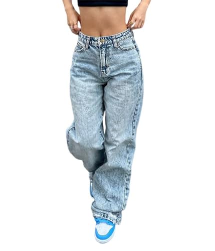 shownicer Damen Cargohose Baggy Low Waist Cargo Jeans Gerade Breites Bein Denim Hosen Y2k Aesthetic Vintage Jeanshosen 90er Streetwear A Blau M von shownicer