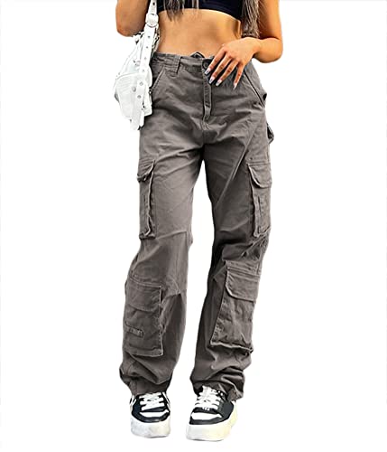 shownicer Damen Cargohose Baggy Low Waist Cargo Jeans Gerade Breites Bein Denim Hosen Y2k Aesthetic Vintage Jeanshosen 90er Streetwear C Grau L von shownicer