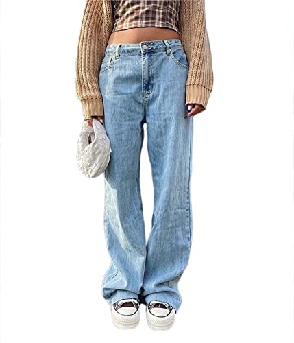 shownicer Damen Cargohose Baggy Low Waist Cargo Jeans Gerade Breites Bein Denim Hosen Y2k Aesthetic Vintage Jeanshosen 90er Streetwear L Blau L von shownicer