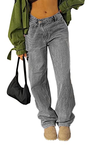 shownicer Damen Cargohose Baggy Low Waist Cargo Jeans Gerade Breites Bein Denim Hosen Y2k Aesthetic Vintage Jeanshosen 90er Streetwear X6 Grau L von shownicer