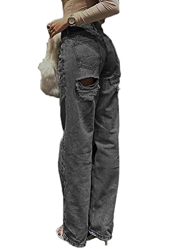 shownicer Damen Cargohose Baggy Low Waist Cargo Jeans Gerade Breites Bein Denim Hosen Y2k Aesthetic Vintage Jeanshosen 90er Streetwear X7 Grau M von shownicer