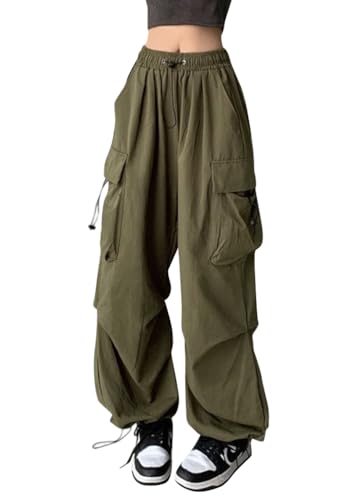 shownicer Damen Cargohose Baggy Weites Bein Hose Y2K Track Pants Vintage Hohe Taille Elastische Freizeithose mit Taschen Teenager Hippie Jogginghose Sweathose Harajuku Streetwear A Grün XL von shownicer