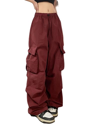 shownicer Damen Cargohose Baggy Weites Bein Hose Y2K Track Pants Vintage Hohe Taille Elastische Freizeithose mit Taschen Teenager Hippie Jogginghose Sweathose Harajuku Streetwear A Rot L von shownicer