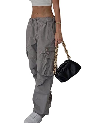 shownicer Damen Cargohose Low Waist Cargo Jeans Gerade Breites Bein Baggy Denim Hosen Y2k Aesthetic Vintage Jeanshosen 90er Streetwear I Grau L von shownicer