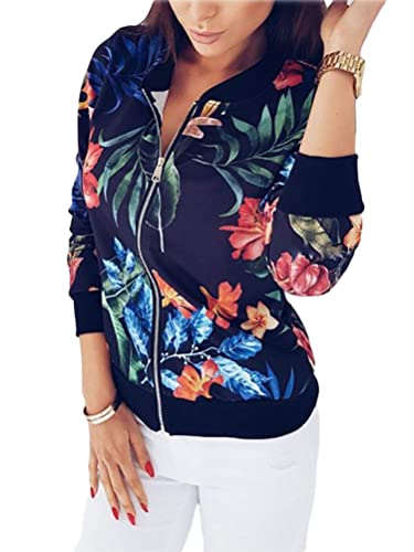 shownicer Damen Casual Jacke Blumenmuster Langarm Bomberjacke Reißverschluss Stehkragen Outwear Kurz Coat Herbst Frühling Leicht Jacke A Schwarz M von shownicer