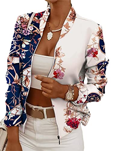 shownicer Damen Casual Jacke Blumenmuster Langarm Bomberjacke Reißverschluss Stehkragen Outwear Kurz Coat Herbst Frühling Leicht Jacke B Marine M von shownicer