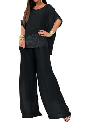 shownicer Damen Chiffon Abendanzug Set Cocktail Party Festlich Elegant Hosenanzug Zweiteiler 2-Teiliges Set Shirt Und Hohe Taille Große Größen Hosenanzug A Schwarz L von shownicer
