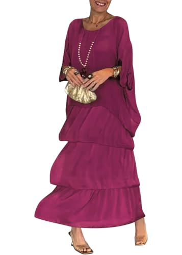 shownicer Damen Chiffon Sommerkleid Lang 3/4 Ärmel Maxikleid Sommer Strandkleid Lange Rundhals Kleider Leicht und Luftig Boho Freizeitkleider Casual A-Linie Fledermausärmel Kleid A Violett 3XL von shownicer