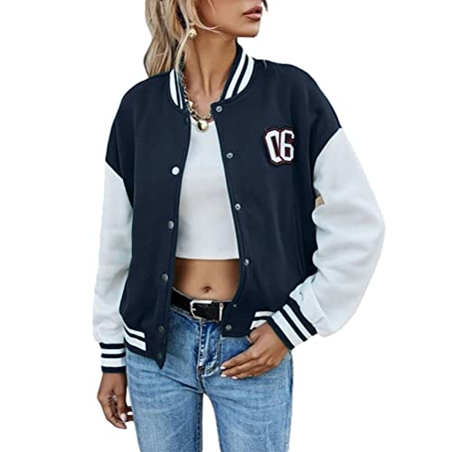shownicer Damen College Jacke Baseball Sportjacke Sweatjacke Winterparka Jacke Herren Patchwork Jacket Hoodie Mode Streetwear Vintage Marine XS von shownicer
