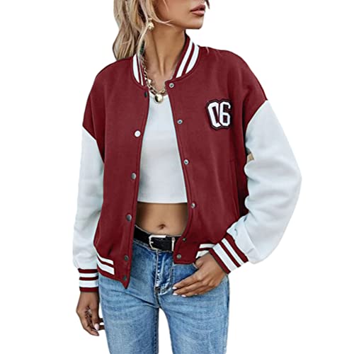 shownicer Damen College Jacke Baseball Sportjacke Sweatjacke Winterparka Jacke Herren Patchwork Jacket Hoodie Mode Streetwear Vintage Weinrot L von shownicer