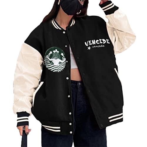 shownicer Damen College Jacke Sweatjacke Baseball Jacke Frauen Herbst Mädchen Sportjacke Ohne Kapuze Damen Vintage Bomberjacke Ladies College Sweat Jacket Oversized 06 Schwarz L von shownicer