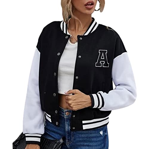 shownicer Damen College Jacke Sweatjacke Baseball Jacke Vintage Kurze Übergangsjacke Sweatshirt mit Knopf Frühling Herbst Y2K Fashion Top Bomberjacke A Schwarz M von shownicer