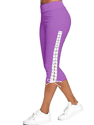 shownicer Damen Comfort 3/4 Legging Capri Sporthose Stretch Stoffhose Sommerhose Knielang Leggings Freizeithose Violett M von shownicer