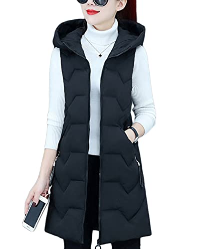 shownicer Damen Daunenweste Lang Wintermantel Vest mit Kapuze Ärmellose Warmer Daunenmantel mit Taschen Steppweste Daunenjacke Steppjacke Outdoor Weste A Schwarz 3XL von shownicer