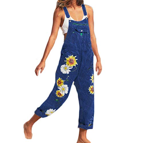 shownicer Damen Denim Jeans Latzhose Overall Blumen Jeansoptik Klasse Vintage Jeans Lang Lässig Baggy Stylisch Jumpsuit Hüftjeans Z2-Marine 40 von shownicer