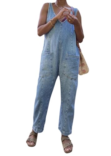 shownicer Damen Denim Latzhose Straight Leg Jeans V-Ausschnitt Overalls Mit Taschen Boyfriend Jumpsuits Sommeroverall Jeanshose A Hellblau XL von shownicer