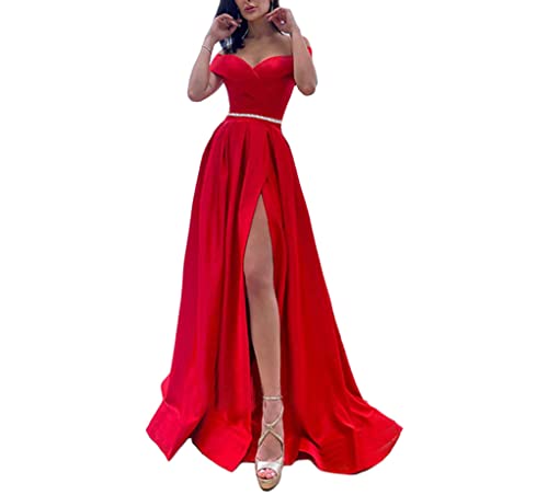 shownicer Damen Drapiert Spaghettiträger Rückenfreies V-Ausschnitt Schlitz Elegante Maxikleid Abendkleid Fliederfarben Ballkleid B Rot M von shownicer