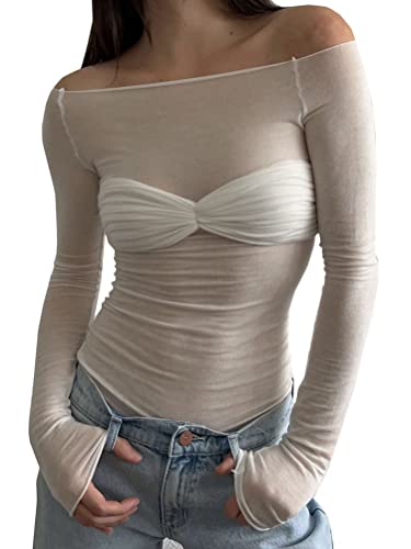 shownicer Damen Durchsichtige Langarm Shirts Tops Casual EIN Wortkragen Oberteil Sexy Elegant Transparentes Langarmshirt Durchsichtig Crop Top A Weiß L von shownicer