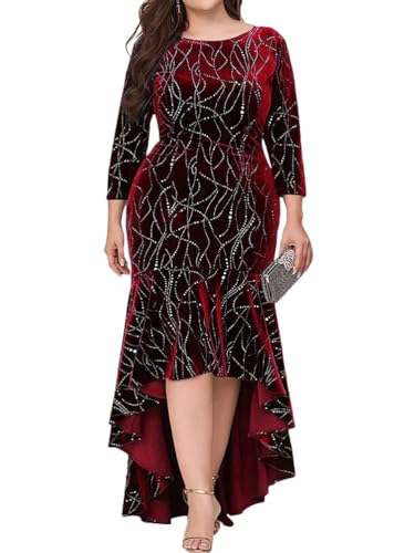 shownicer Damen Elegant 3/4 Ärmel Abendkleider Chic High-Low-Saum A-Linien Kleid Midikleid Hochzeit Festlich Coctailkleid Abendkleid Große Größen A Rot 5XL von shownicer