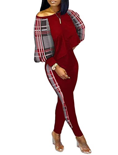 shownicer Damen Elegant Business Anzug Set Hosenanzug Hose 2-teilig Anzug Karo Kariert Zweiteiler Slimfit Streetwear B Rot 3XL von shownicer