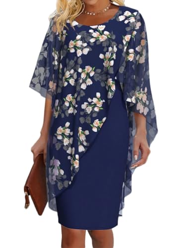 shownicer Damen Elegant Chiffon Kleid 3/4 Ärmel Blumenmuster Kleider Casual Rundhals Bleistiftkleid Chiffon Cape Formelle Cocktail Party Kleider A Blau S von shownicer
