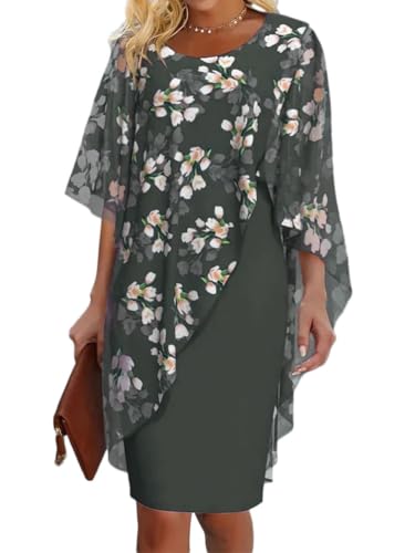 shownicer Damen Elegant Chiffon Kleid 3/4 Ärmel Blumenmuster Kleider Casual Rundhals Bleistiftkleid Chiffon Cape Formelle Cocktail Party Kleider A Grün L von shownicer