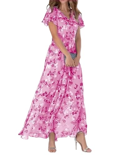 shownicer Damen Elegant Chiffon Sommerkleider Lange Kleid Chiffon Rüschen Blumen Kurzarm V-Ausschnitt Hohe Taille Maxikleid Partykleid Blumenkleid Strandkleid Cocktailkleid A Rosa XXL von shownicer