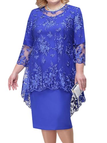 shownicer Damen Elegant Cocktailkleid mit Spitze Vintage 3/4 Ärmel Rundhals Spitze Knielang Zweiteiliges Set Kleider Festlich Abendkleid Große Größen A Dunkelblau L von shownicer