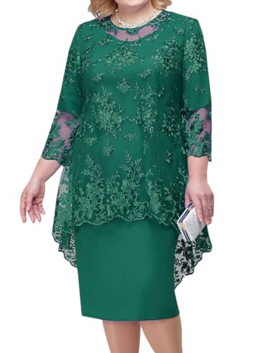 shownicer Damen Elegant Cocktailkleid mit Spitze Vintage 3/4 Ärmel Rundhals Spitze Knielang Zweiteiliges Set Kleider Festlich Abendkleid Große Größen A Grün 5XL von shownicer