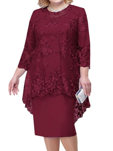 shownicer Damen Elegant Cocktailkleid mit Spitze Vintage 3/4 Ärmel Rundhals Spitze Knielang Zweiteiliges Set Kleider Festlich Abendkleid Große Größen A Weinrot 3XL von shownicer