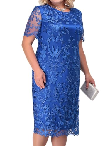 shownicer Damen Elegant Cocktailkleid mit Spitze Vintage 3/4 Ärmel Rundhals Spitze Knielang Zweiteiliges Set Kleider Festlich Abendkleid Große Größen B Blau XL von shownicer