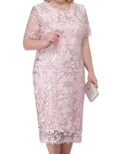 shownicer Damen Elegant Cocktailkleid mit Spitze Vintage 3/4 Ärmel Rundhals Spitze Knielang Zweiteiliges Set Kleider Festlich Abendkleid Große Größen B Rosa XL von shownicer