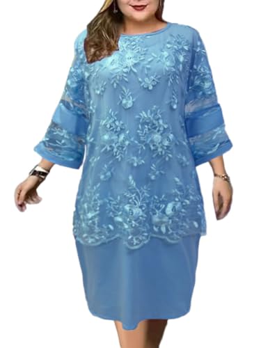 shownicer Damen Elegant Cocktailkleid mit Spitze Vintage 3/4 Ärmel Rundhals Spitze Knielang Zweiteiliges Set Kleider Festlich Abendkleid Große Größen C Blau L von shownicer