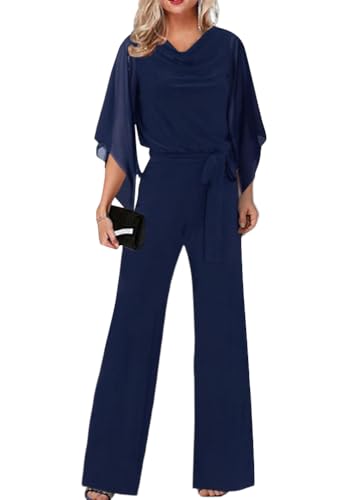 shownicer Damen Elegant Jumpsuit Overall Hosenanzug Festlich Playsuit Romper mit Gürtel Jumpsuit K Dunkelblau M von shownicer