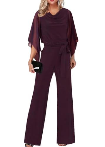 shownicer Damen Elegant Jumpsuit Overall Hosenanzug Festlich Playsuit Romper mit Gürtel Jumpsuit K Weinrot L von shownicer