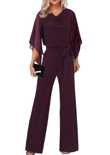shownicer Damen Elegant Jumpsuit Overall Hosenanzug Festlich Playsuit Romper mit Gürtel Jumpsuit K Weinrot XXL von shownicer