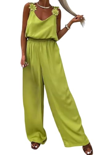 shownicer Damen Elegant Jumpsuit V-Ausschnitt Lang Overall Hosenanzug Armellos Playsuit Romper A Grün L von shownicer