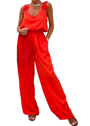 shownicer Damen Elegant Jumpsuit V-Ausschnitt Lang Overall Hosenanzug Armellos Playsuit Romper A Rot L von shownicer