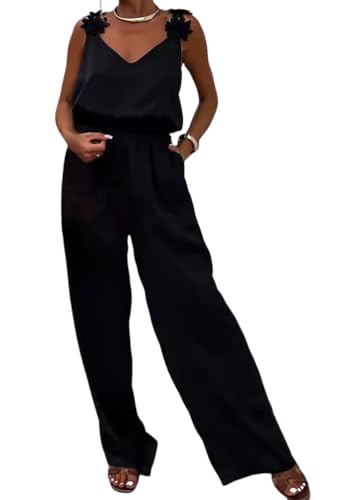shownicer Damen Elegant Jumpsuit V-Ausschnitt Lang Overall Hosenanzug Armellos Playsuit Romper A Schwarz M von shownicer