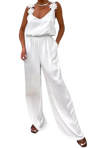 shownicer Damen Elegant Jumpsuit V-Ausschnitt Lang Overall Hosenanzug Armellos Playsuit Romper A Weiß M von shownicer