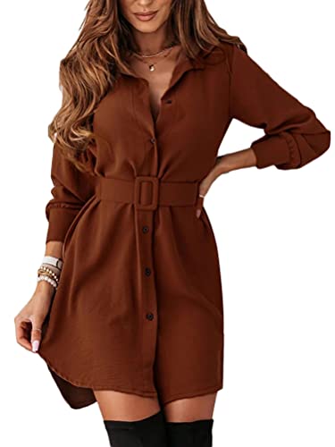shownicer Damen Elegant Kleid Langarm A-Linie Hohe Taille Kleider Casual Kurz Minikleid Einfarbig Freizeitkleid Kurzkleid A Khaki XL von shownicer