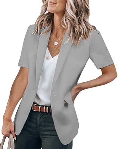 shownicer Damen Elegant Kurzarm Blazer Einfarbig Revers Slim Fit Geschäft Büro Jacke Mantel Casual Anzüge Business Bolero Sakko A Grau 3XL von shownicer