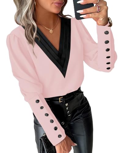shownicer Damen Elegant Langarm Bluse Langarmshirts Tunika Office Chiffon Blusen V-Ausschnitt Spitzentops Pailletten Oberteil Chiffonblusen A Rosa M von shownicer