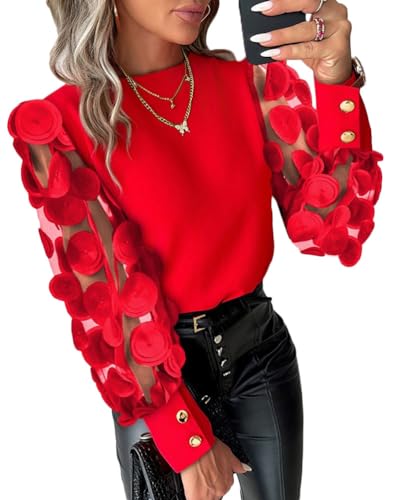 shownicer Damen Elegant Langarm Bluse Langarmshirts Tunika Office Chiffon Blusen V-Ausschnitt Spitzentops Pailletten Oberteil Chiffonblusen C Rot L von shownicer