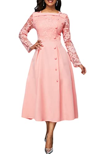 shownicer Damen Elegant Langarm Spitze Kleider A Linie Hoher Taille Einfarbiges Swing Kleid Cocktailkleid Abendkleider A Rosa M von shownicer