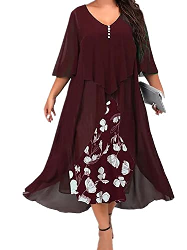 shownicer Damen Elegant Langarm Spitze Swing Kleider Knielang A Linie Chiffonkleid Hochzeit Brautjungfern Cocktailkleid B Rot M von shownicer