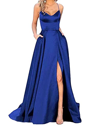 shownicer Damen Elegant Lange Ballkleider mit Taschen Satin A-Linie Backless Hochzeitskleid Neckholder Rückenfrei Lange Kleider Party Abendkleid Seitenschlitz Hochzeit Festtagskleid A Blauer See XL von shownicer