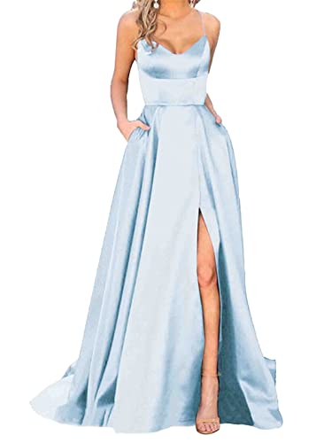 shownicer Damen Elegant Lange Ballkleider mit Taschen Satin A-Linie Backless Hochzeitskleid Neckholder Rückenfrei Lange Kleider Party Abendkleid Seitenschlitz Hochzeit Festtagskleid A Hellblau S von shownicer